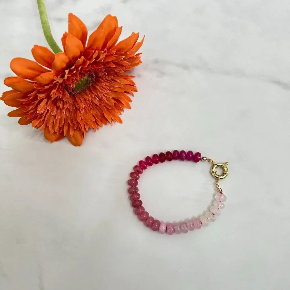 Ombre Pink Jade Gemstone Beaded Hand Knotted Bracelet Gold Filled Clasp - Picture 2 of 7